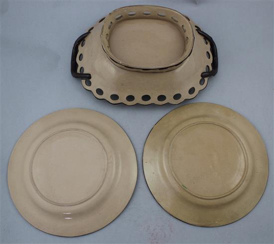 A Davenport Drabware supper dish and two plates and a Staffordshire Drabware dessert dish and two plates, early 19th century, dish 24.5